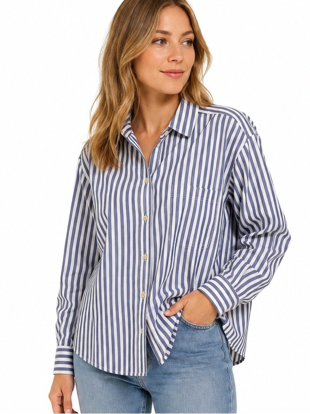 Vintage 90’s Elisabeth Liz Claiborne Blue White Stripe Cotton Shirt Women 16